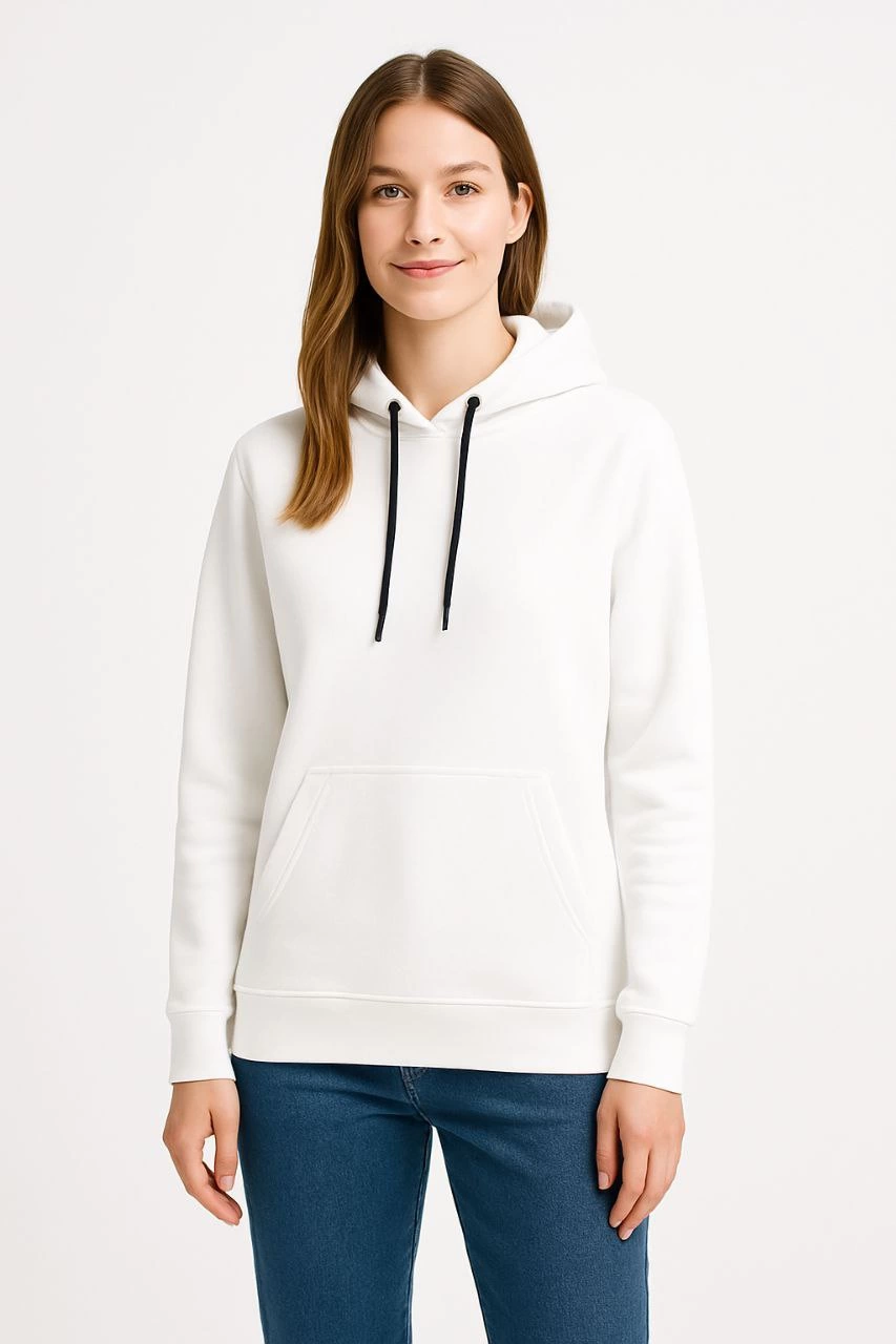 Üç İplik Kapüşonlu Kanguru Çepli SweatShirt hoodie - Beyaz -