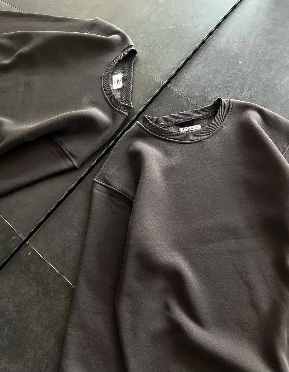 Kışlık Bisiklet Yaka Üç İplik Basic SweatShirt - Füme -