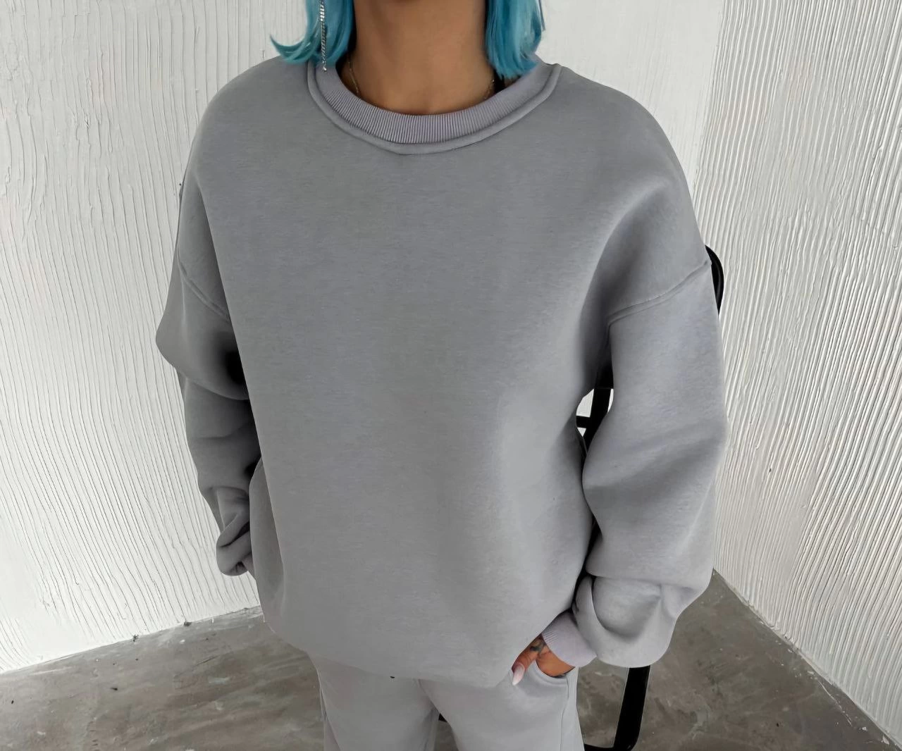 Kışlık Bisiklet Yaka Üç İplik Basic SweatShirt - Gri -