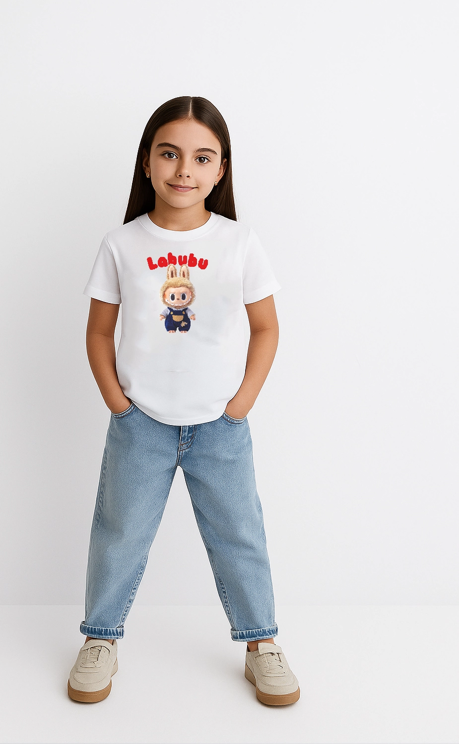 Kız Labubu Çocuk Baskılı T-Shirt - Beyaz