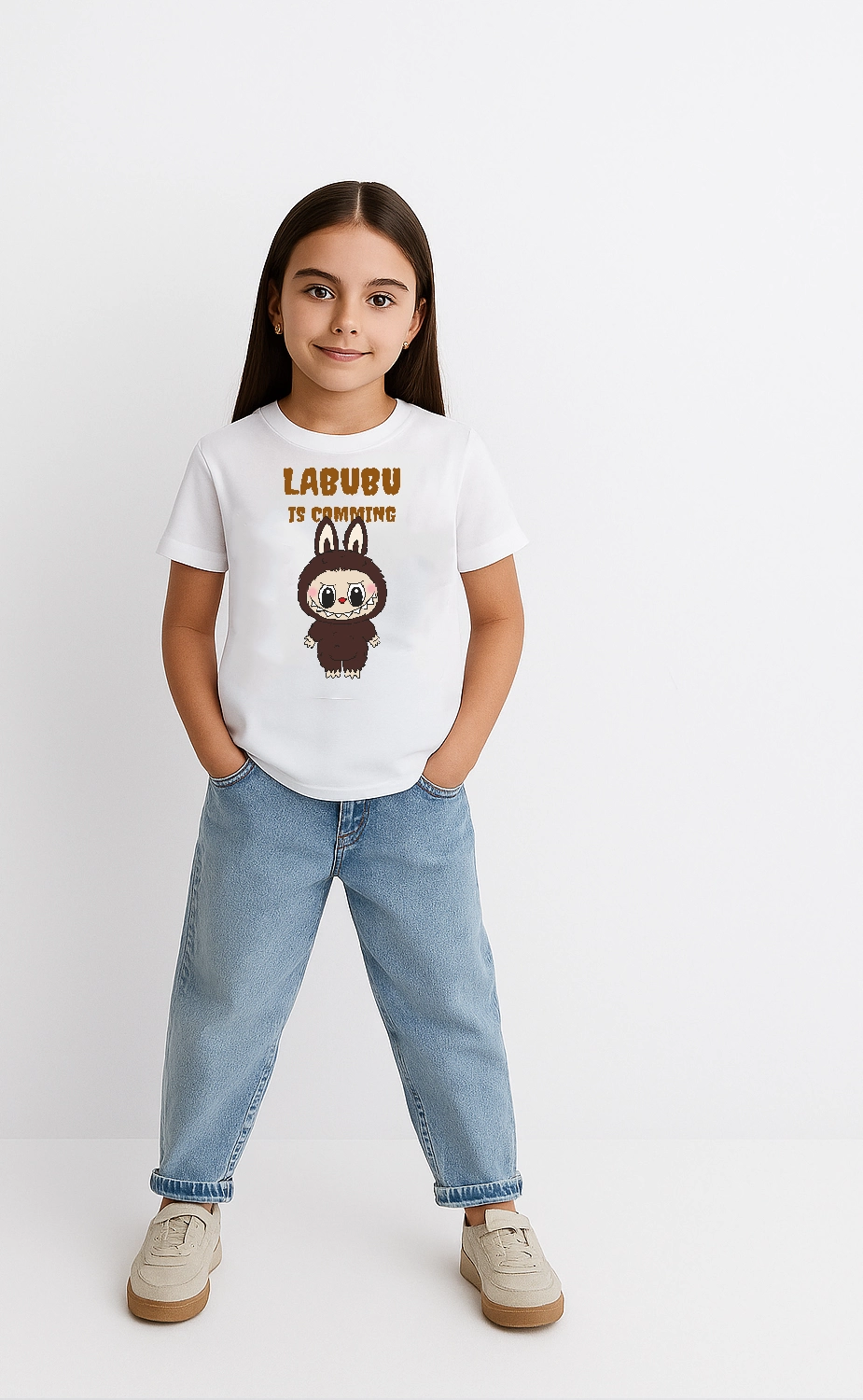 Kız Labubu Çocuk Baskılı T-Shirt - Beyaz