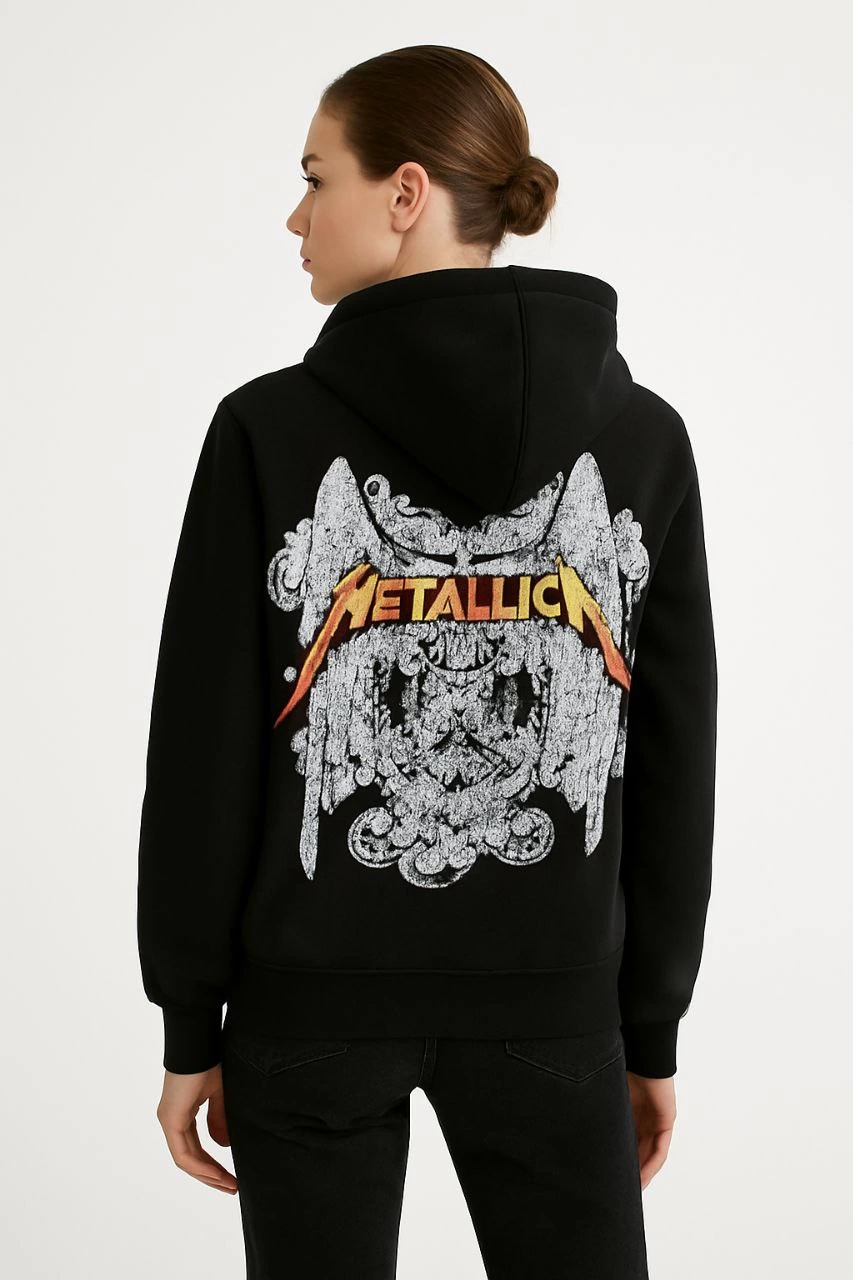 Metallica İki İplik Kapüşonlu Ön ve Arka Baskılı hoodie - Siyah -
