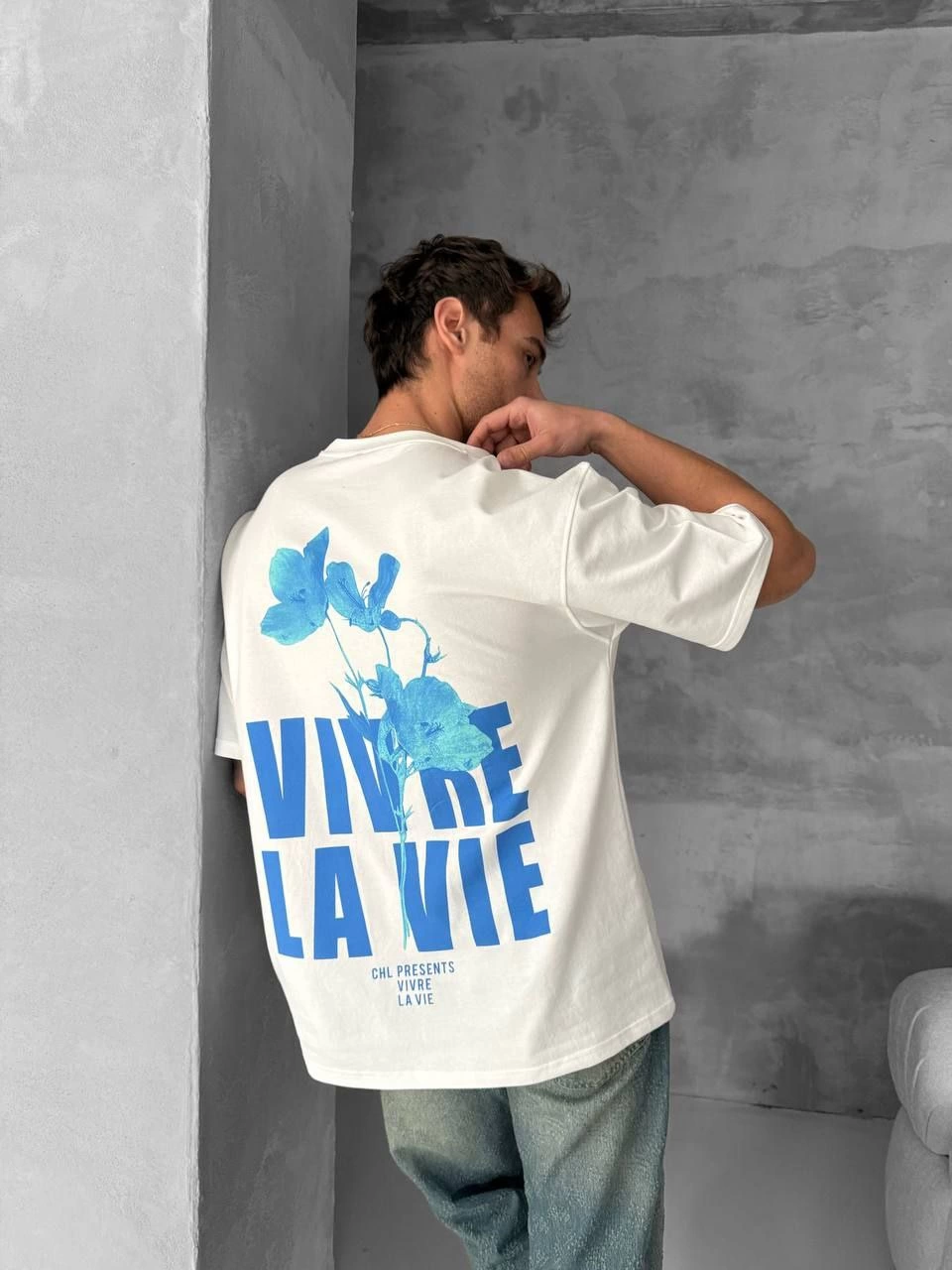Ön ve Arka Baskılı Oversize Bisiklet Yaka T-shirt- Beyaz -