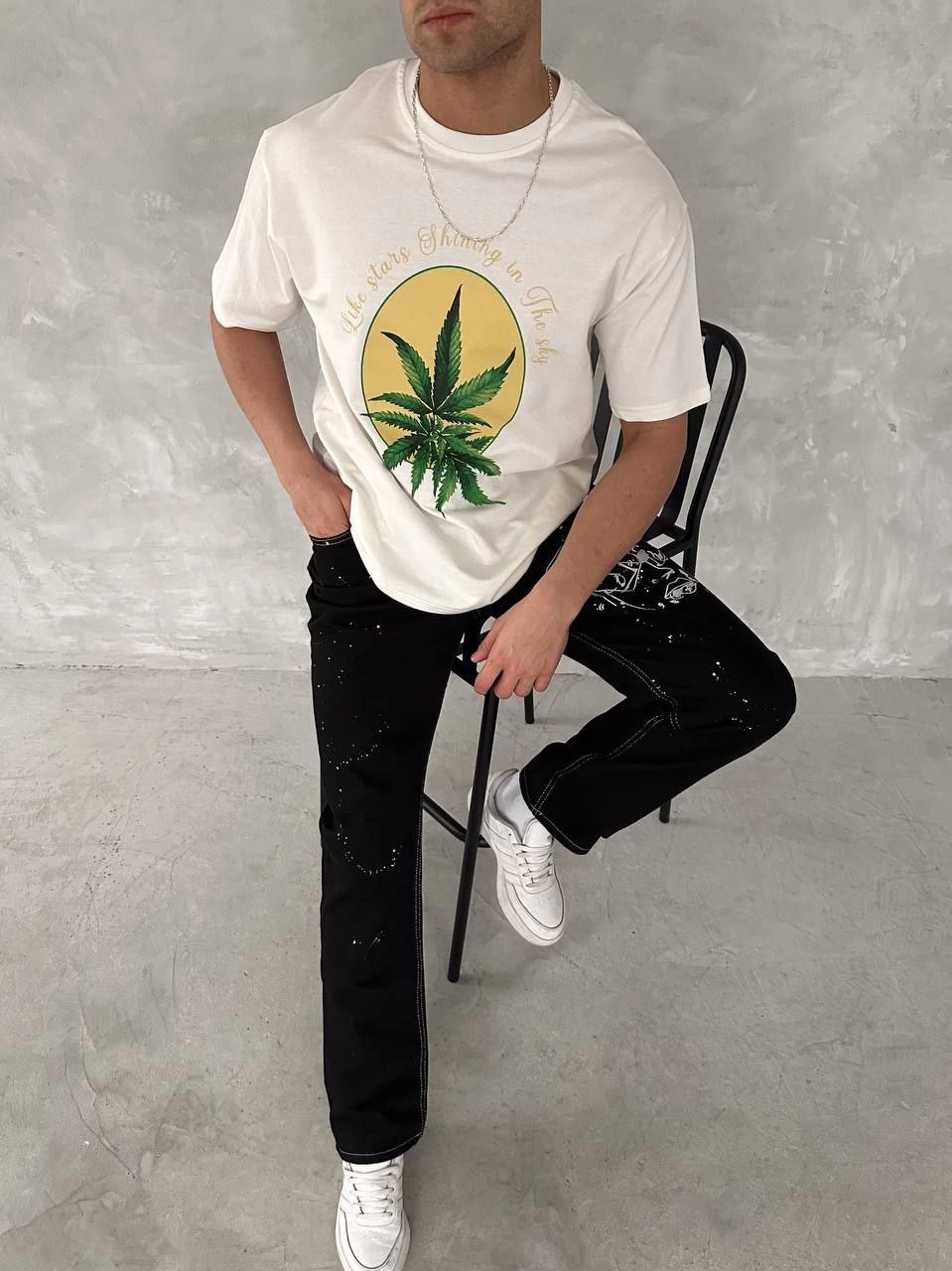Ön ve Arka Baskılı Oversize Bisiklet Yaka T-shirt- Beyaz -