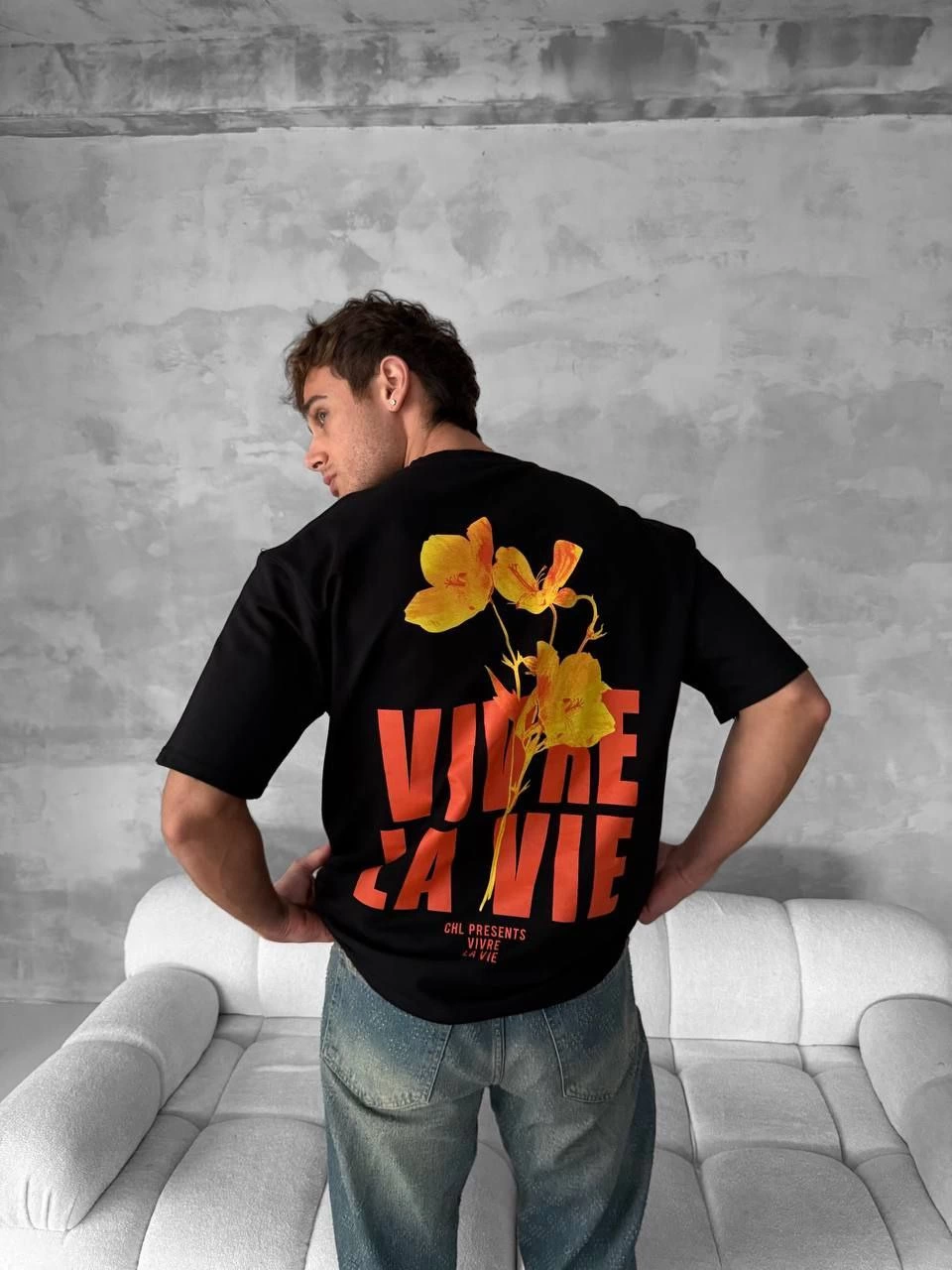 Ön ve Arka Baskılı Oversize Bisiklet Yaka T-shirt- Siyah -