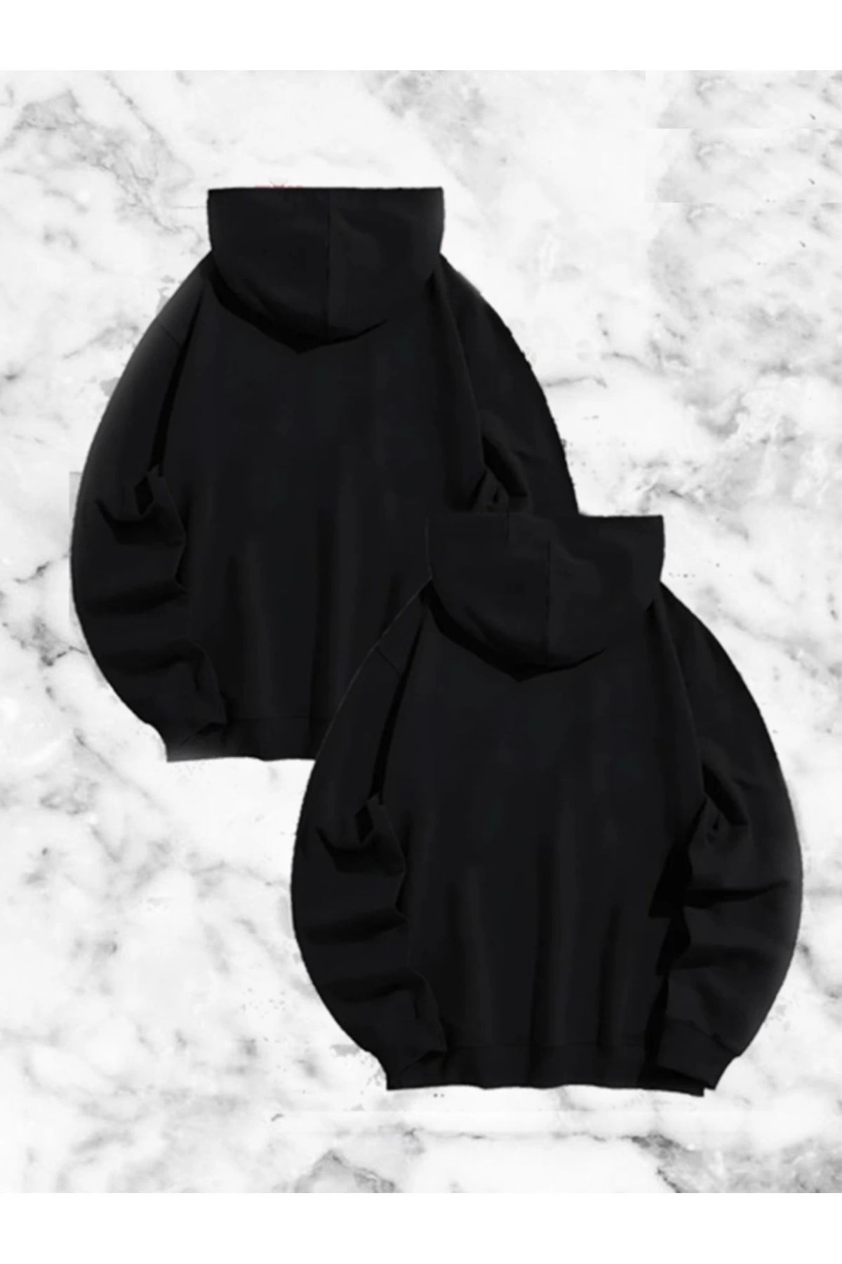 Örümcek Baskılı Sevgili Çift Kombini Kapüşonlu Sweatshirt Hodie - Siyah -