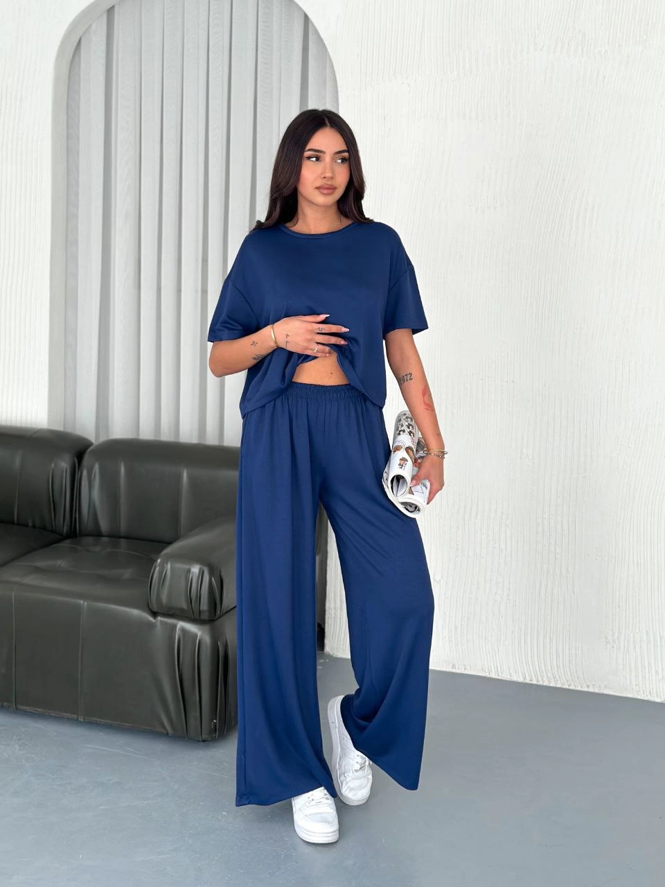 Osy Modal Yumuşak Dokulu Kumaş Bisiklet Yaka T-shirt Bol paça Pantalon ikili Takım -Saks Mavi -