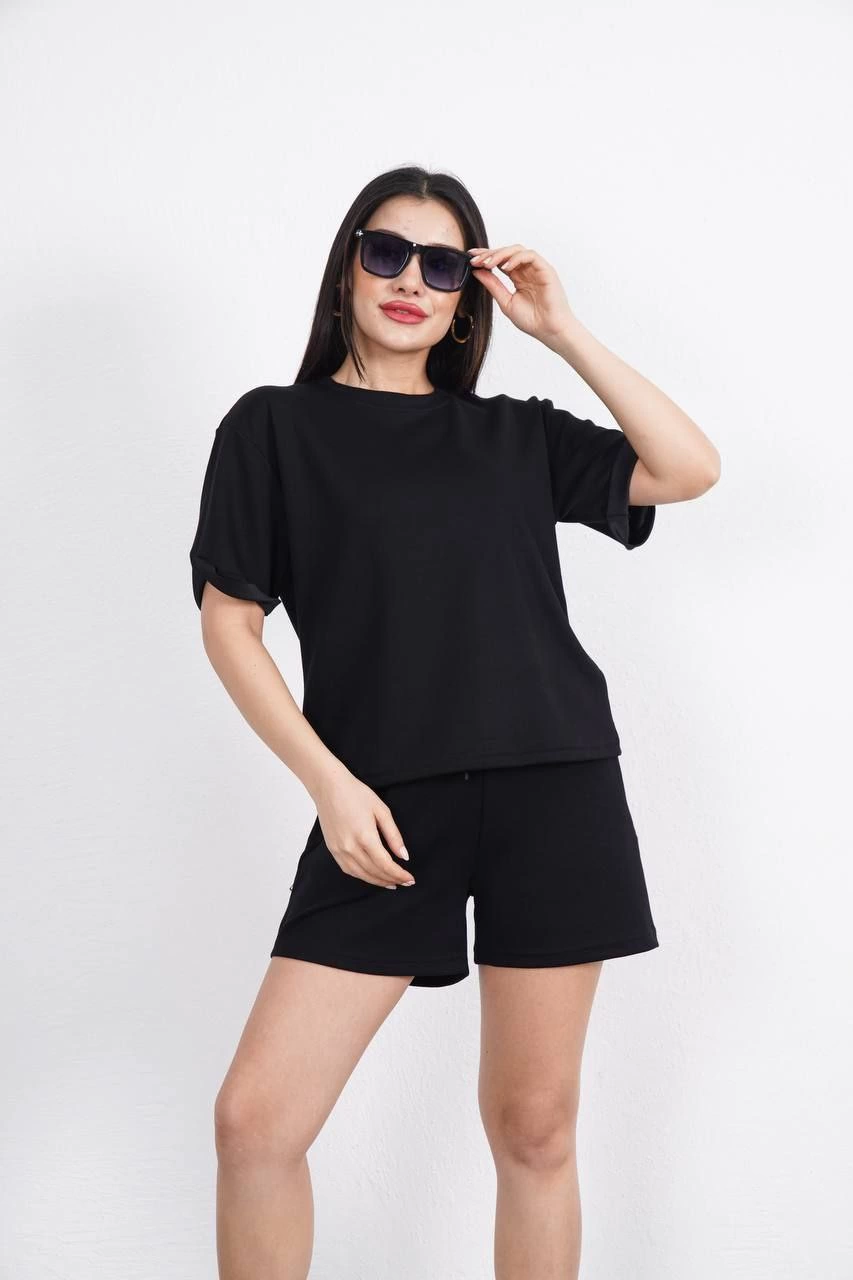 Osy Modal yumuşak dokulu Kumaş Bisiklet Yaka T-shirt Kısa Şort İkili Takım - Siyah -