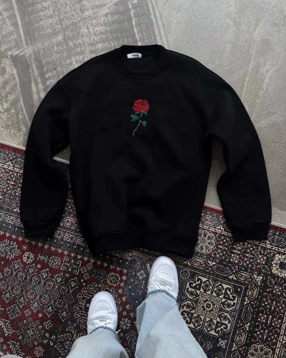 Oversize Üç İplik Bisiklet Yaka Baskılı SweatShirt - Siyah -