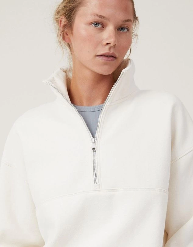 Oversize Yarım Farmuarlı Yakalı Basic SweatShirt - Beyaz -