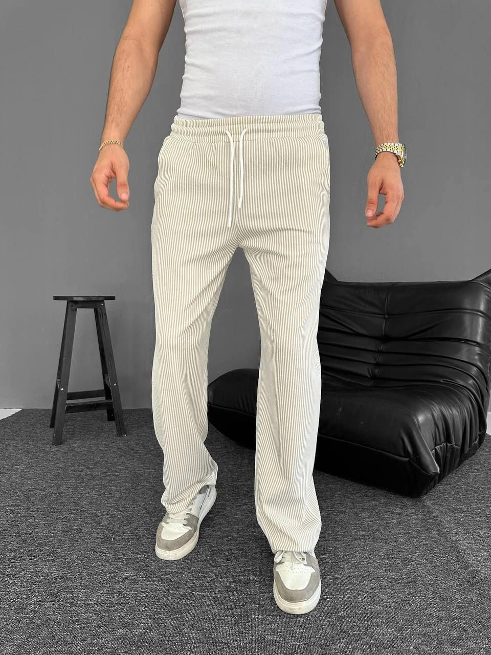 Erkek Su Yolu Çizgili Cepli Pantalon - Bej