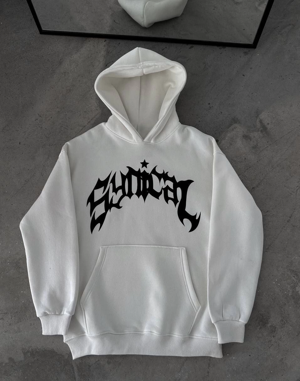 Üç İplik Kapüşonlu Baskılı Oversize SweatShirt- Beyaz -