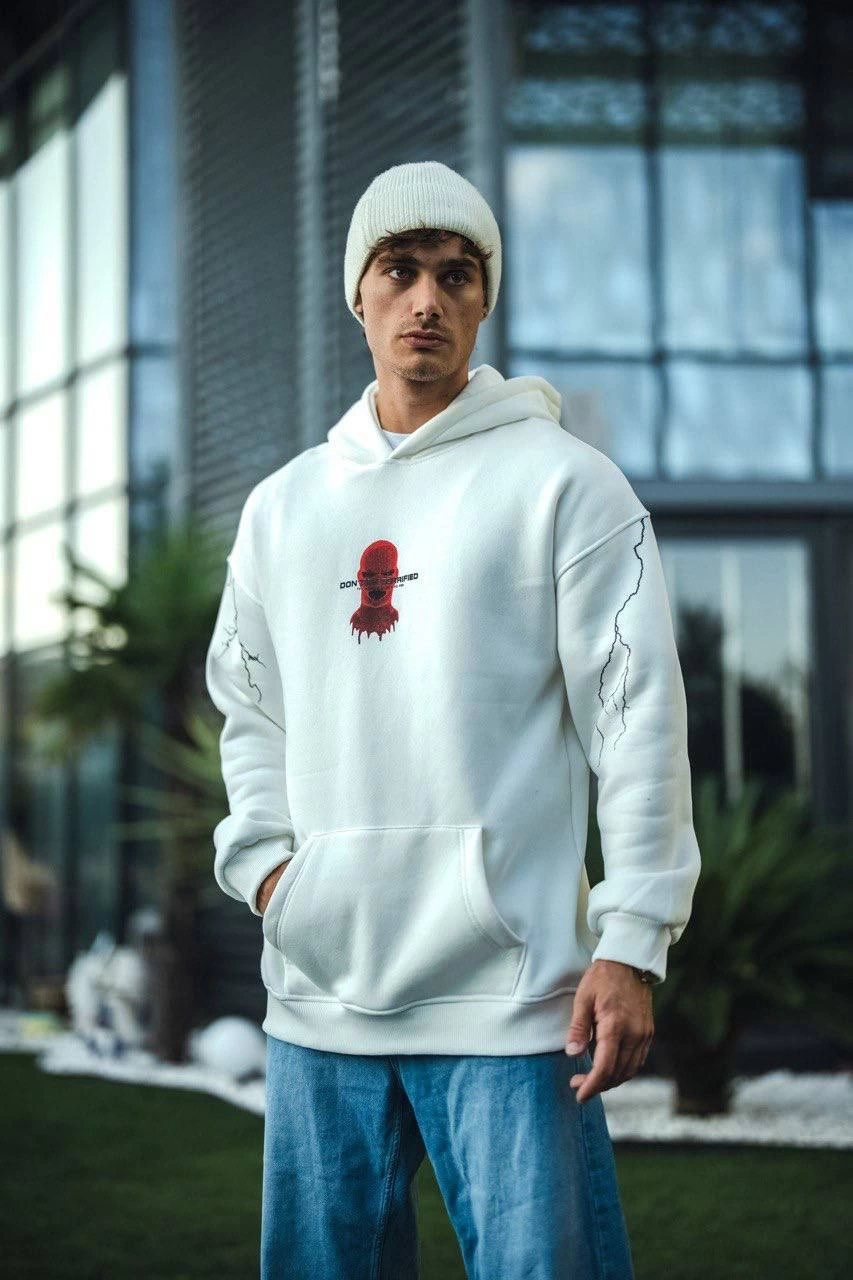 Üç İplik Kapüşonlu Baskılı Oversize SweatShirt- Beyaz