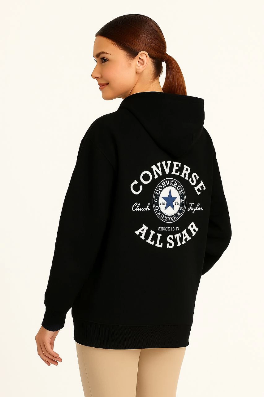 Kapşonlu SweatshirtOversize Fit, Ön Arka Baskılı, Siyah -