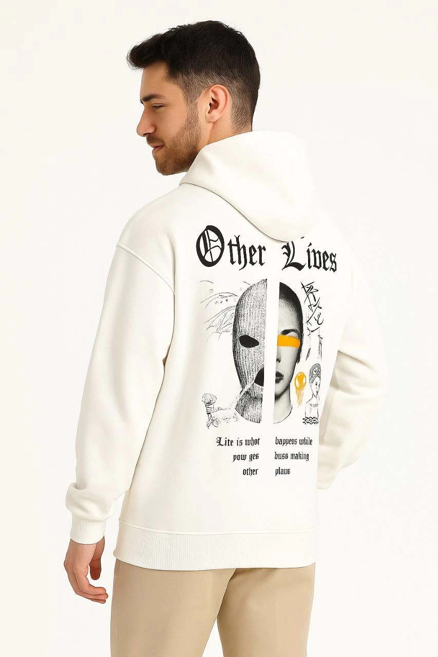 Kapşonlu Sweatshirt - Oversize 'Other Lives' Ön Arka Baskılı- Beyaz -