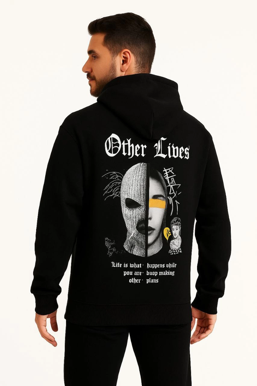 Kapşonlu Sweatshirt 'Other Lives' Ön Arka Baskılı - Siyah -