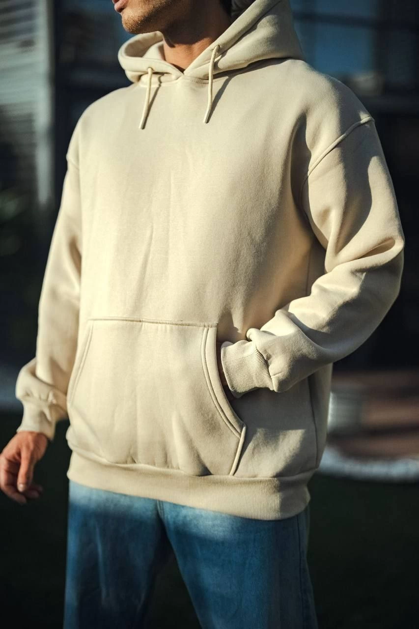 Üç İplik Penye Kapşonlu Basic SweatShirt - Bej -