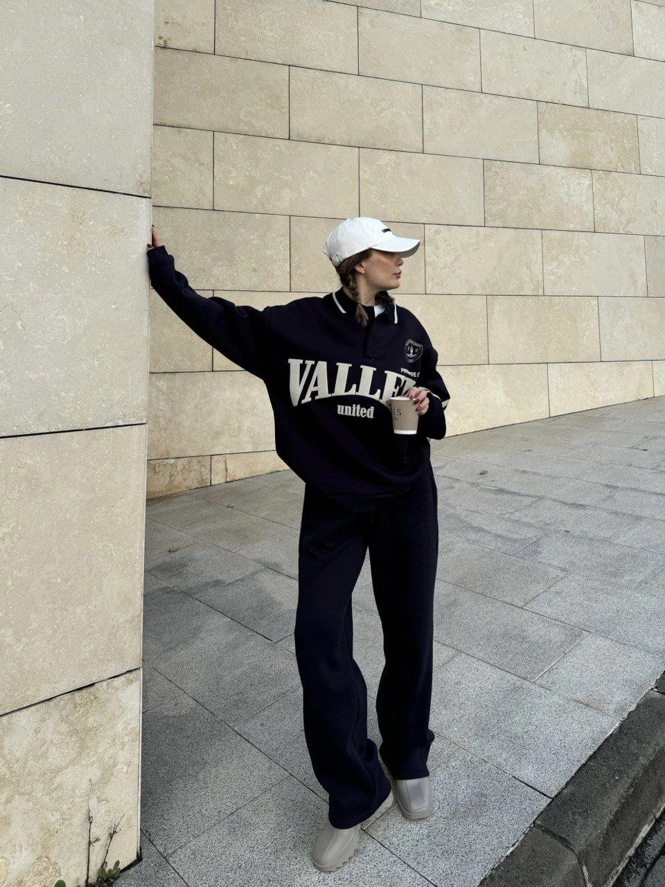 Üç İplik Yakalı Sweat Baggy Pantalonlu Takım - Siyah -