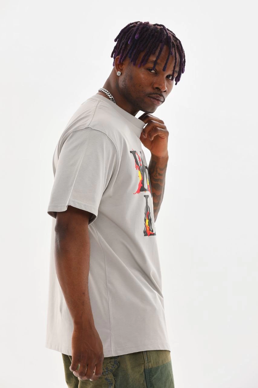 Baskılı Oversize T-Shirt - Gri -