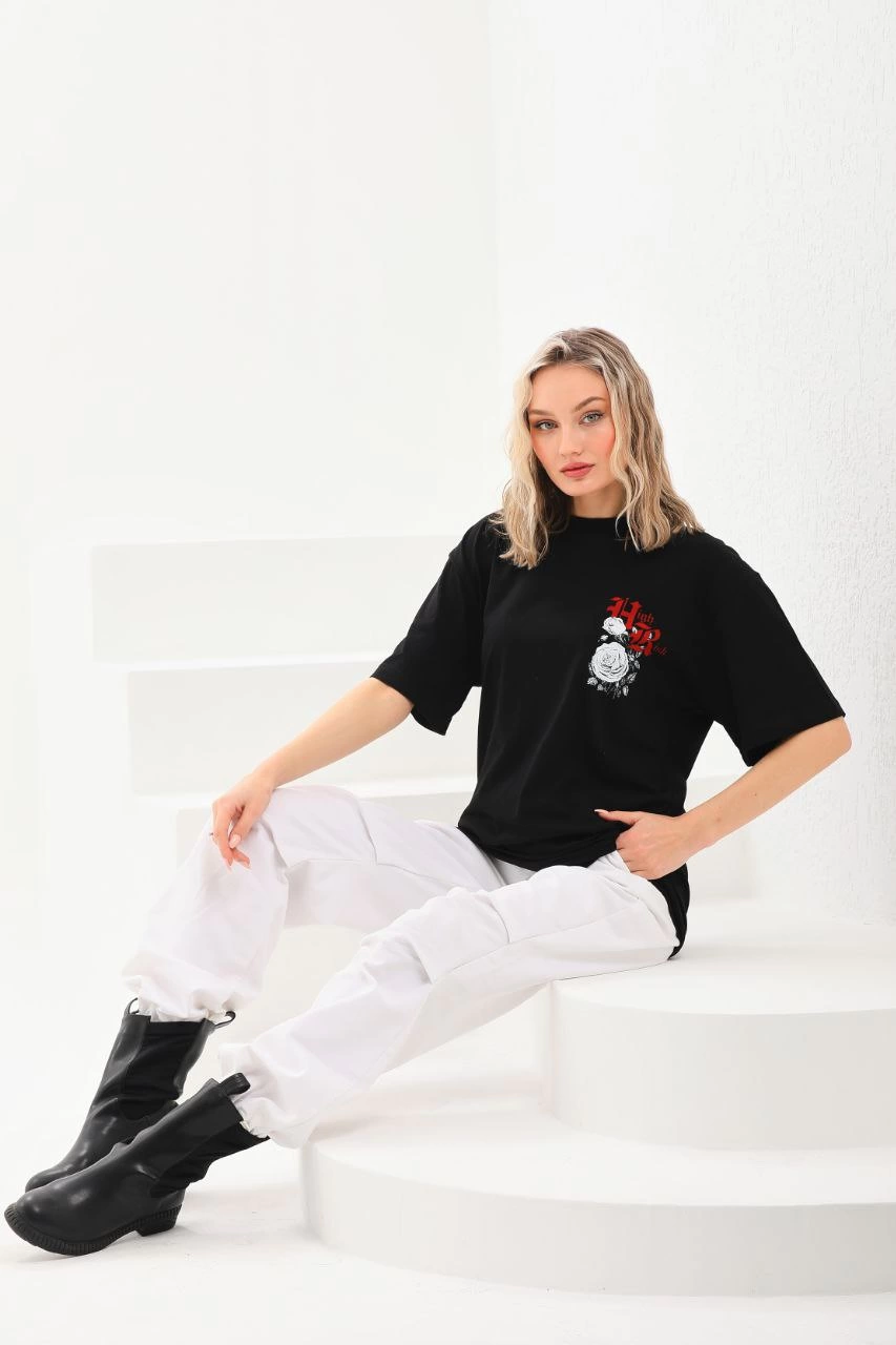 Baskılı Oversize T-Shirt - Siyah -