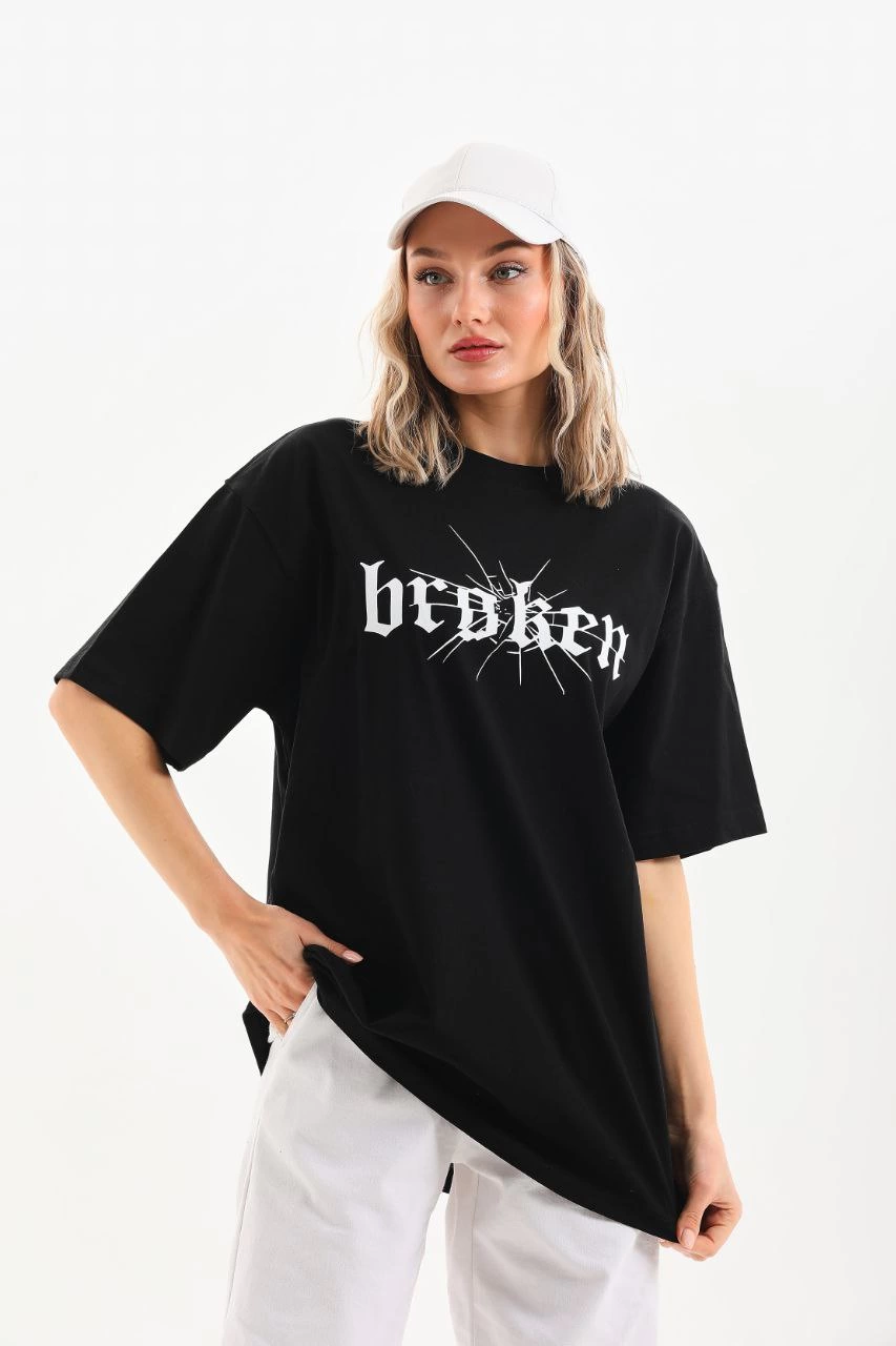 Baskılı Oversize T-Shirt - Siyah -