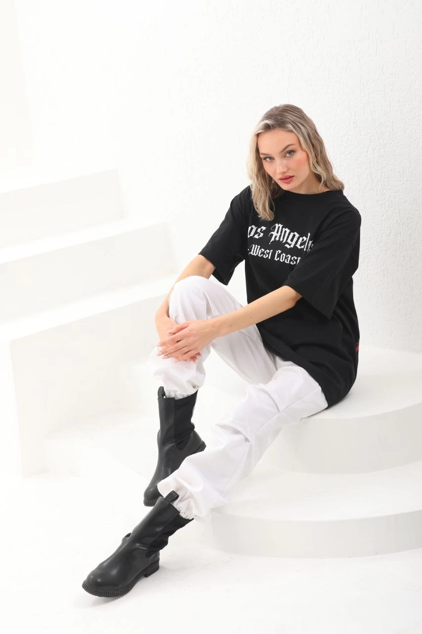 Baskılı Oversize T-Shirt - Siyah -