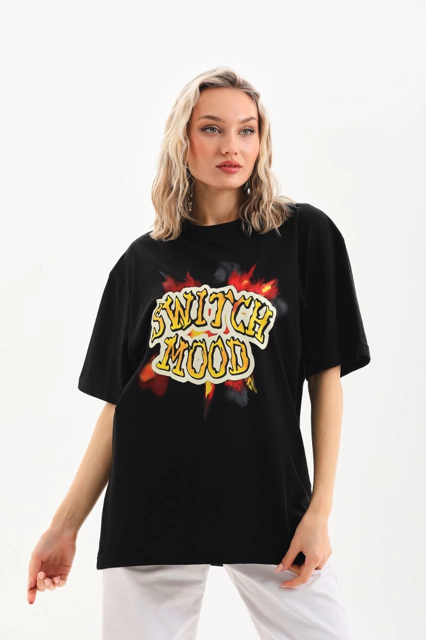 Baskılı Oversize T-Shirt - Siyah -