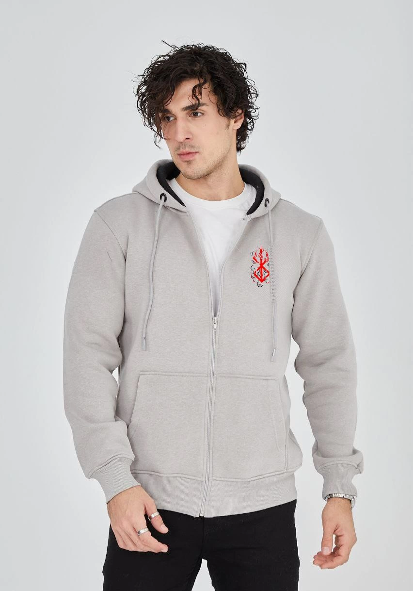 Baskılı Tam Fermuarlı Kapşonlu SweatShirt - Boyalı Gri