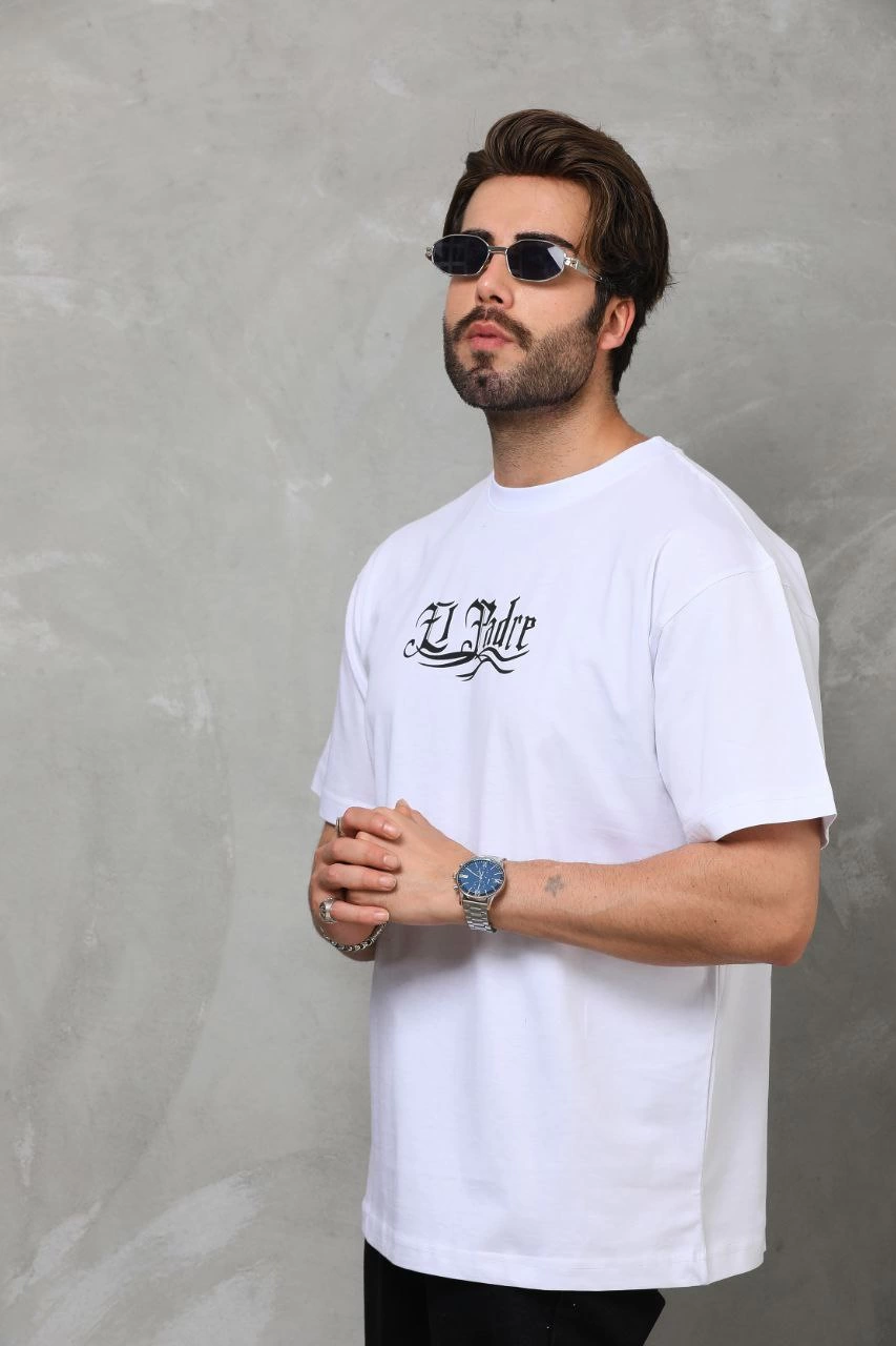 Bisiklet Yaka Baskılı Oversize T-Shirt - Beyaz -