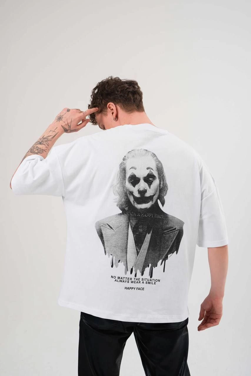 Bisiklet Yaka Baskılı Oversize T-Shirt - Beyaz -