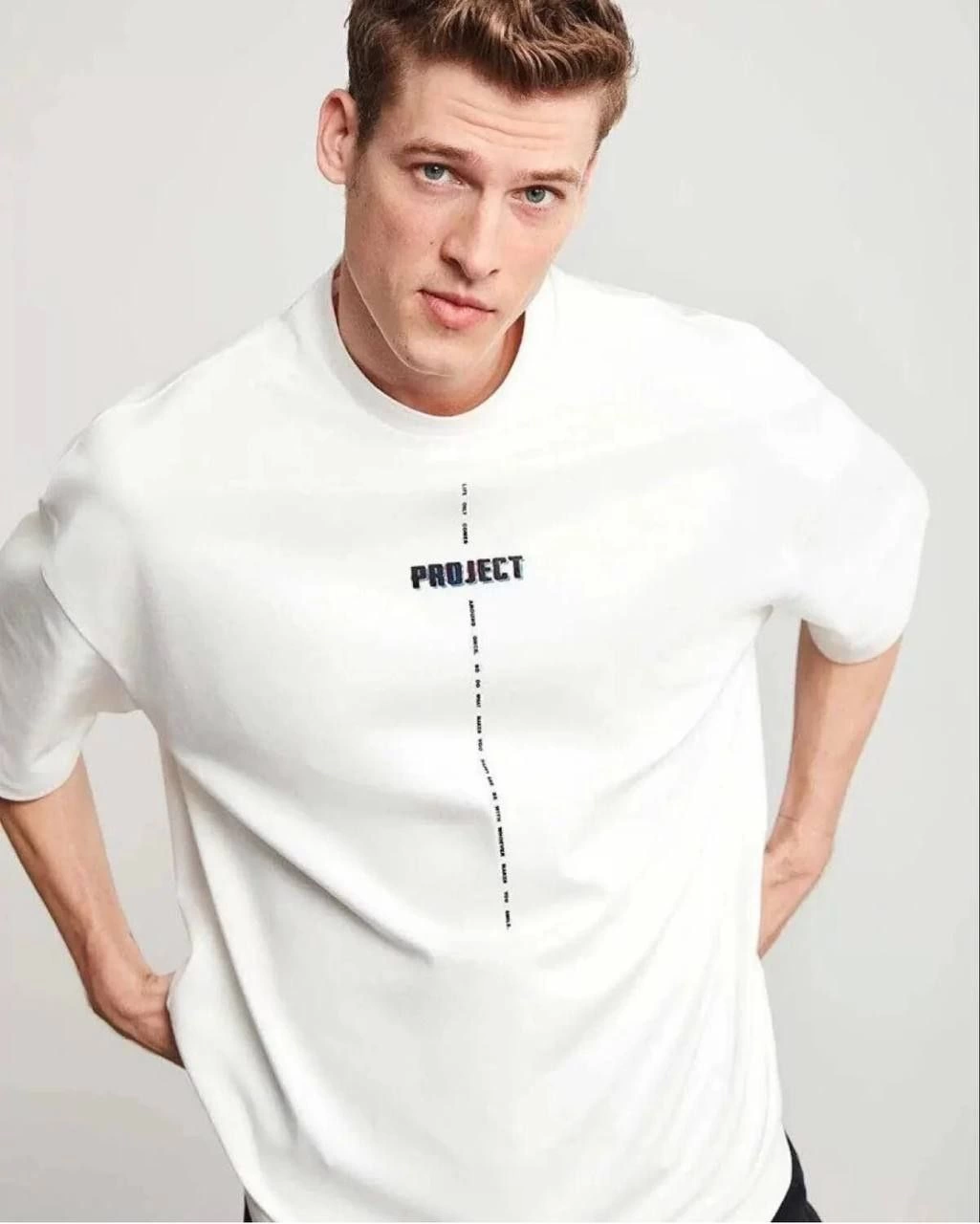 Bisiklet Yaka Baskılı Oversize T-Shirt - Beyaz -