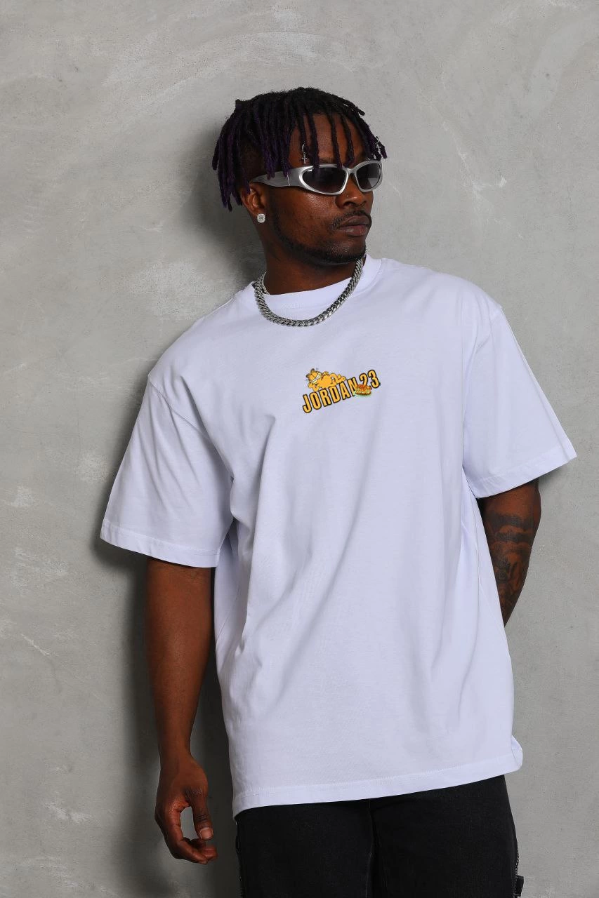 Bisiklet Yaka Baskılı Oversize T-Shirt - Beyaz -