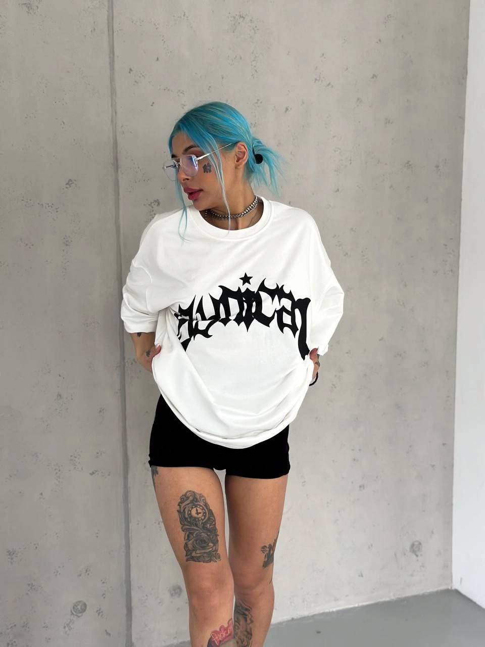Bisiklet Yaka Baskılı Oversize T-Shirt - Beyaz -