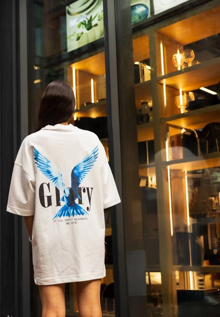 Bisiklet Yaka Baskılı Oversize T-Shirt - Beyaz -