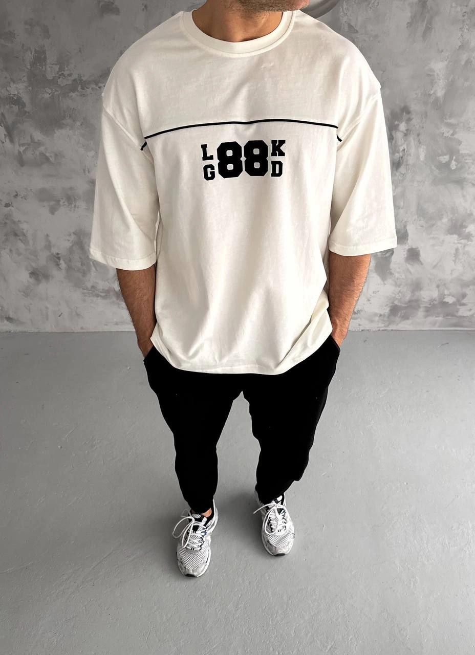 Bisiklet Yaka Baskılı Oversize T-Shirt - Beyaz