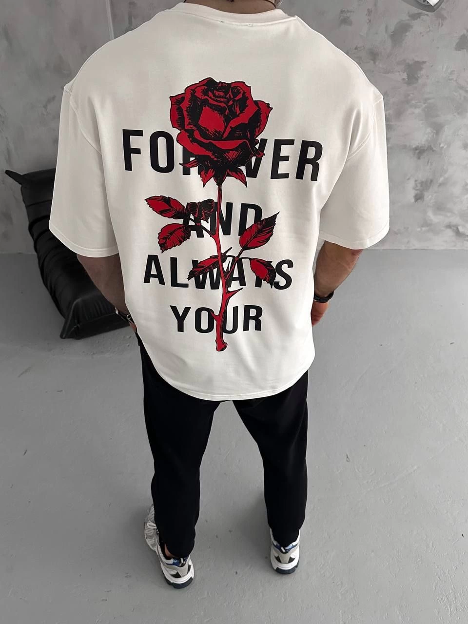 Bisiklet Yaka Baskılı Oversize T-Shirt - Beyaz -