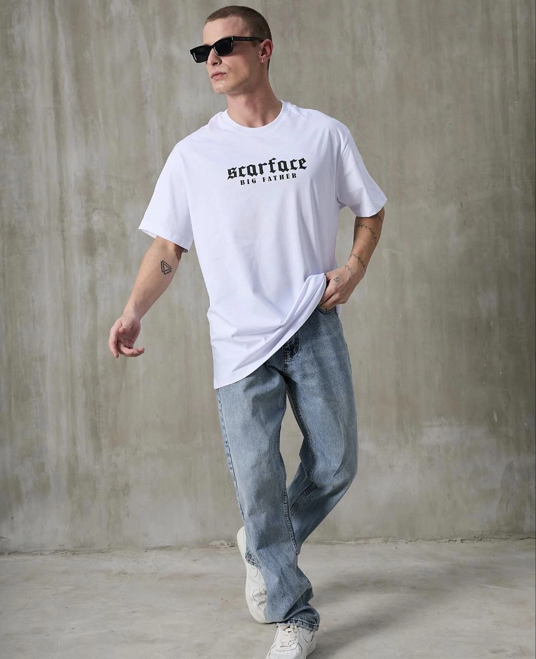 Bisiklet Yaka Baskılı Oversize T-Shirt - Beyaz