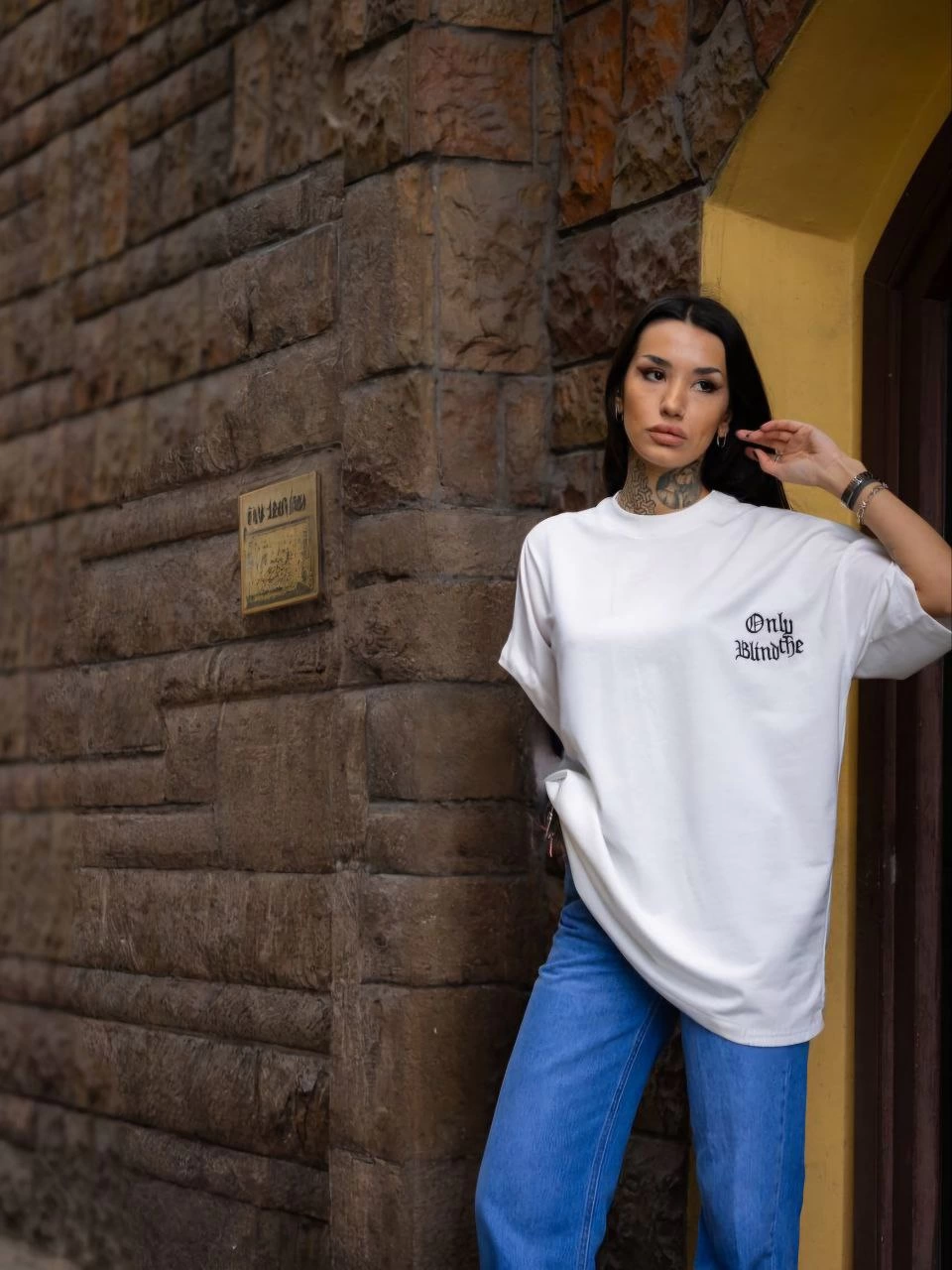 Bisiklet Yaka Baskılı Oversize T-Shirt - Beyaz -