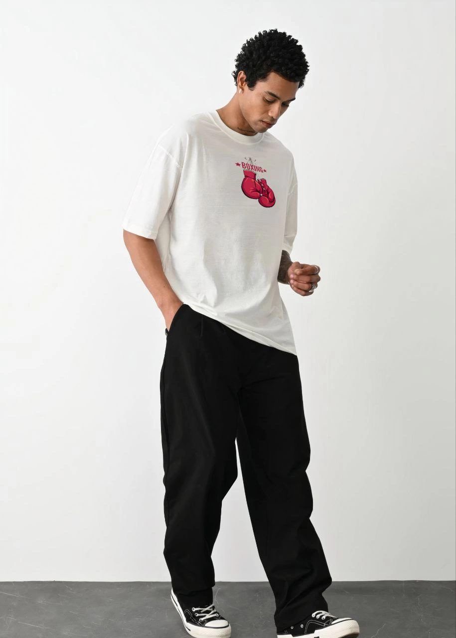 Bisiklet Yaka Baskılı Oversize T-Shirt - Beyaz -