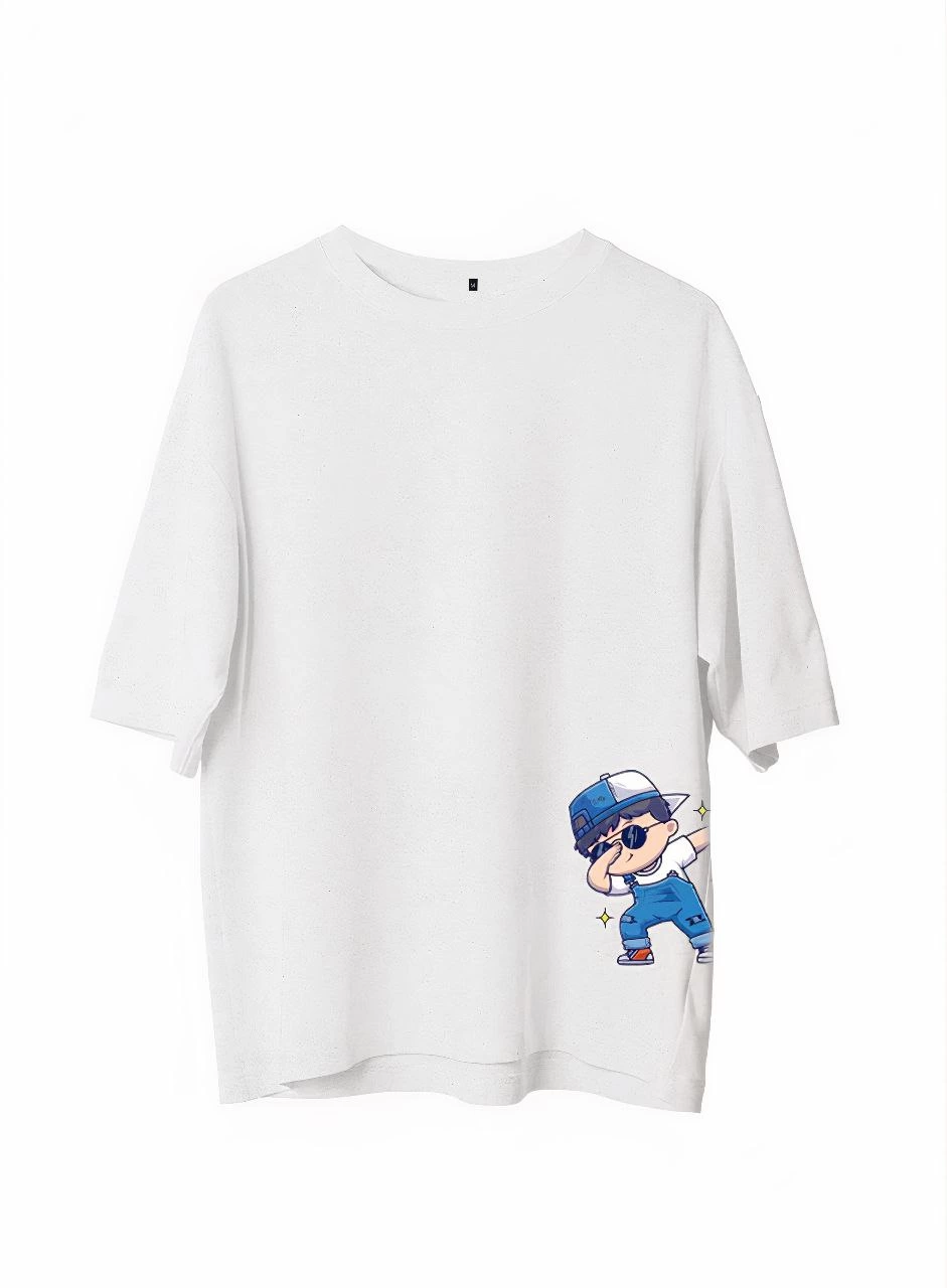 Bisiklet Yaka Baskılı Oversize T-Shirt - Beyaz -