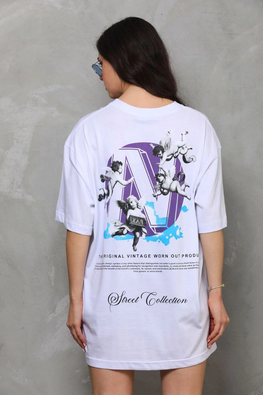 Bisiklet Yaka Baskılı Oversize T-Shirt - Beyaz