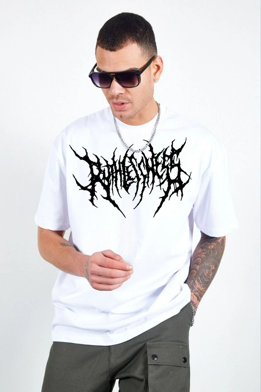 Bisiklet Yaka Baskılı Oversize T-Shirt - Beyaz -