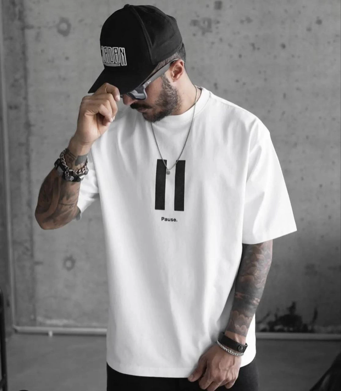 Bisiklet Yaka Baskılı Oversize T-Shirt - Beyaz -