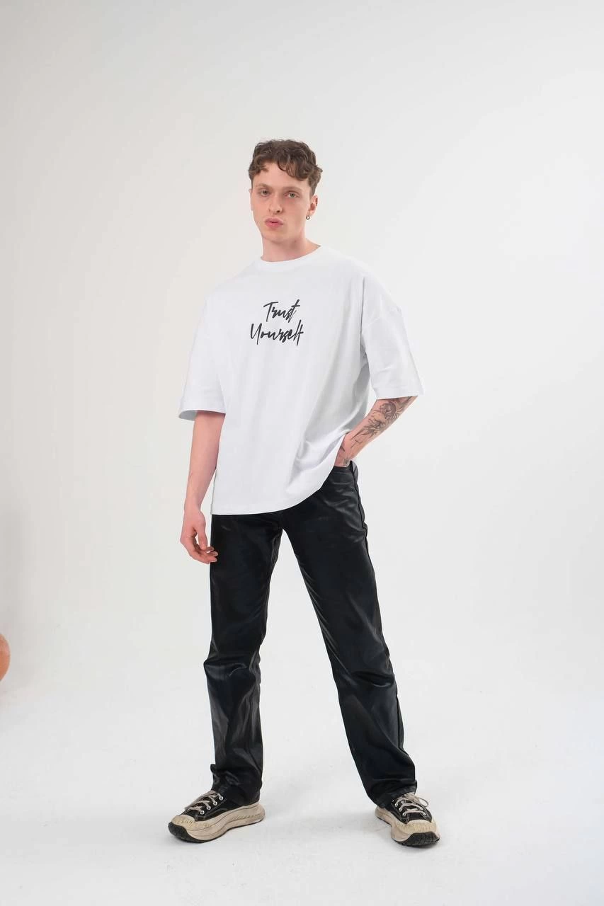 Bisiklet Yaka Baskılı Oversize T-Shirt - Beyaz -