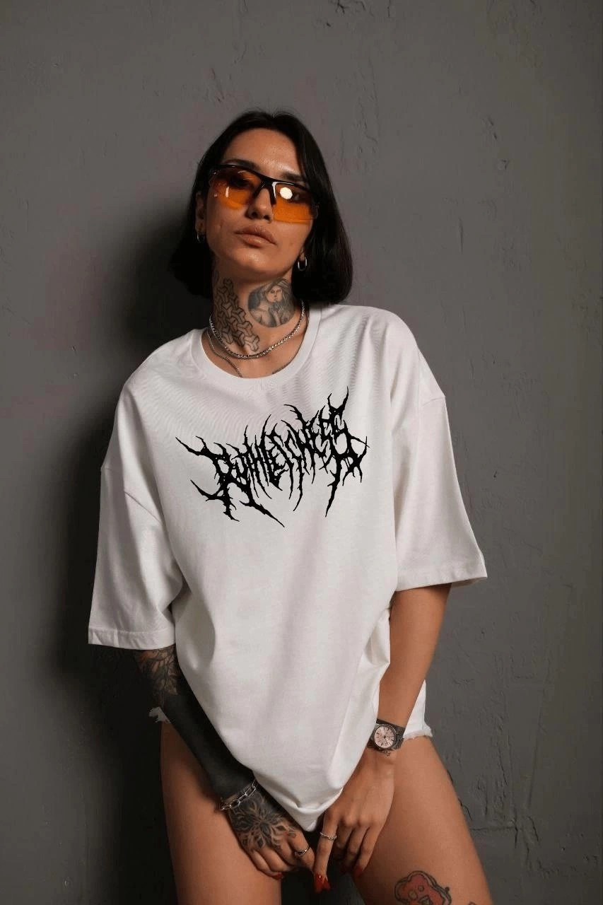 Bisiklet Yaka Baskılı Oversize T-Shirt - Beyaz -