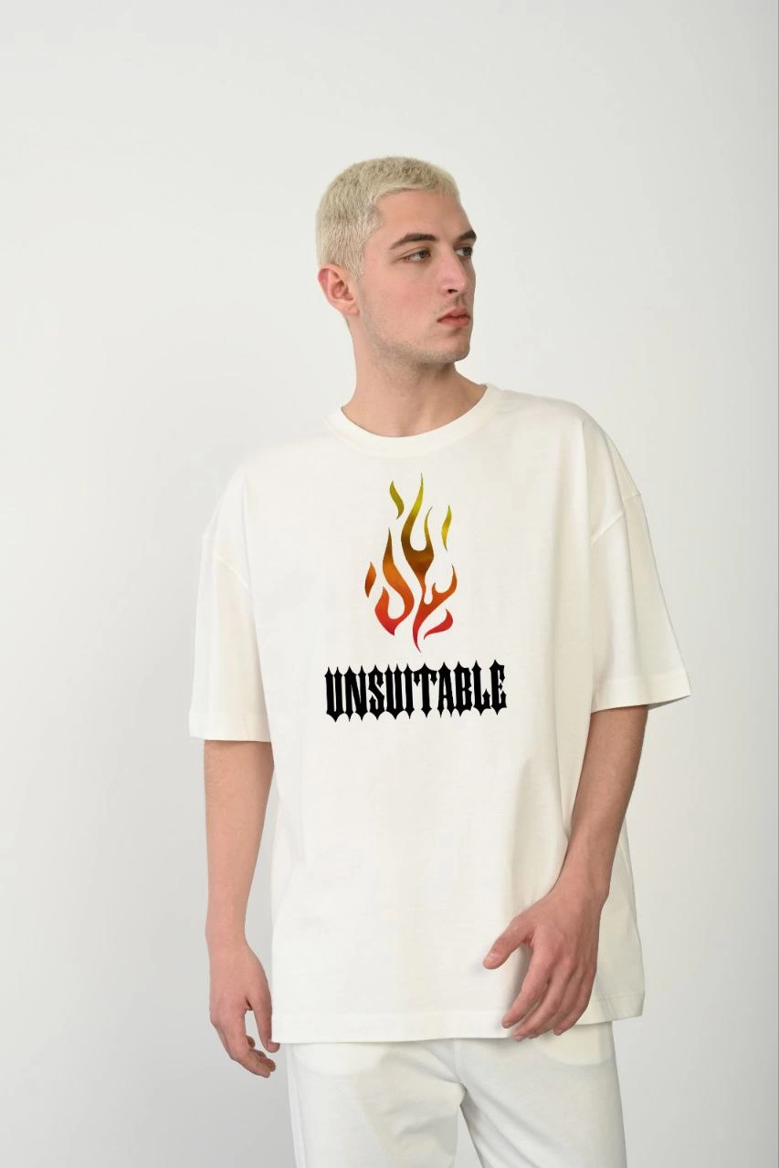Bisiklet Yaka Baskılı Oversize T-Shirt - Beyaz