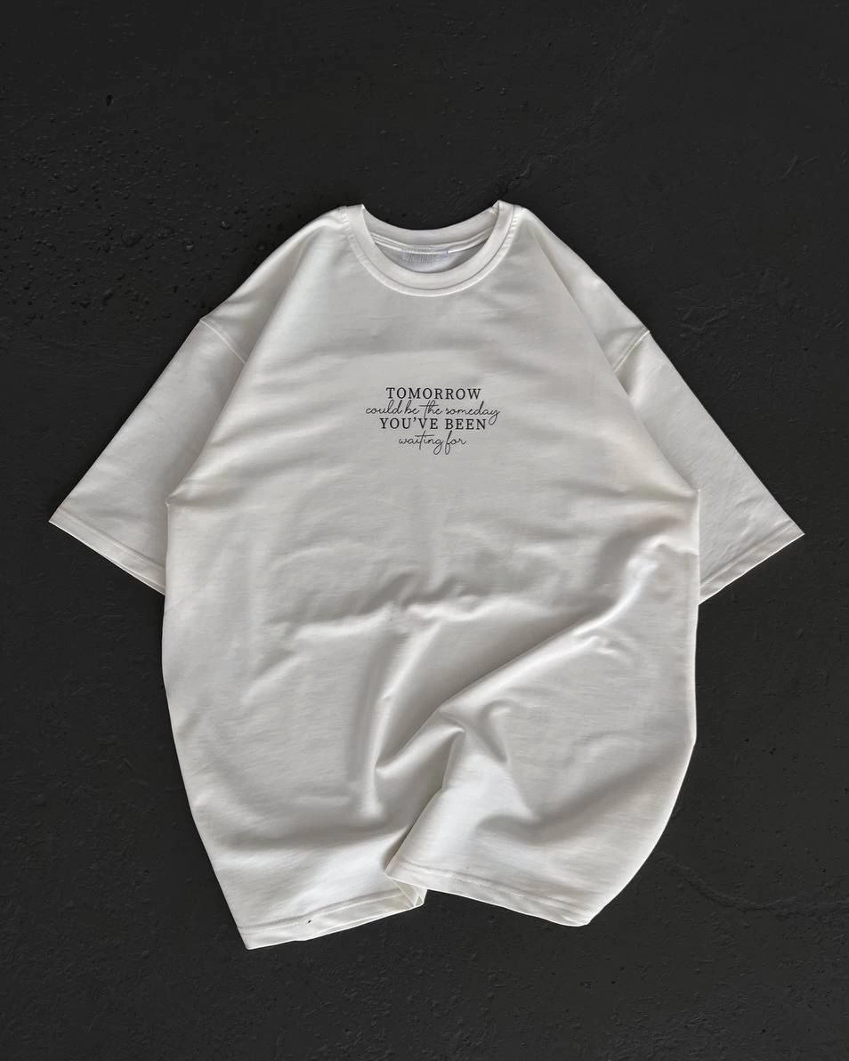 Bisiklet Yaka Baskılı Oversize T-Shirt - Beyaz