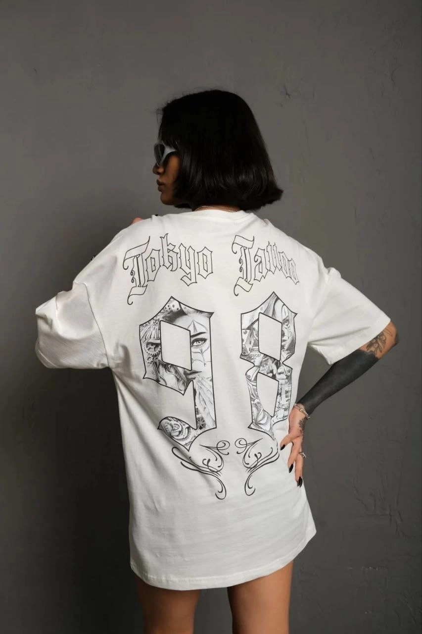 Bisiklet Yaka Baskılı Oversize T-Shirt - Beyaz -