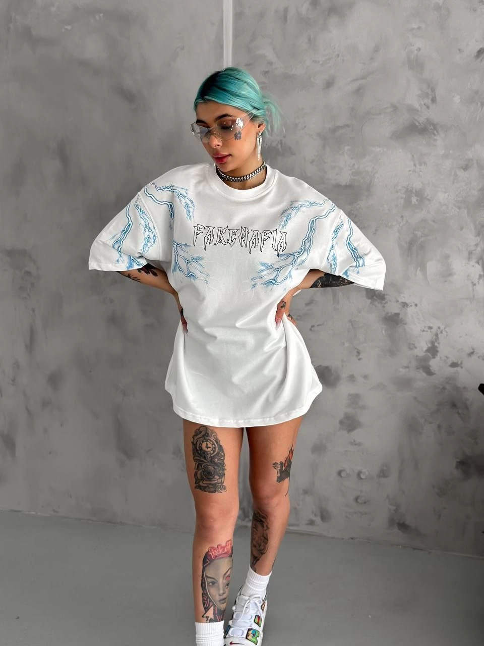 Bisiklet Yaka Baskılı Oversize T-Shirt - Beyaz