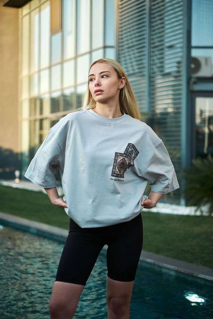 Bisiklet Yaka Baskılı Oversize T-Shirt - Boyalı Gri -